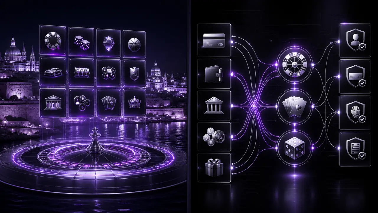 best Malta online casinos featured illustration in the purple and black MGA Casinos visual style